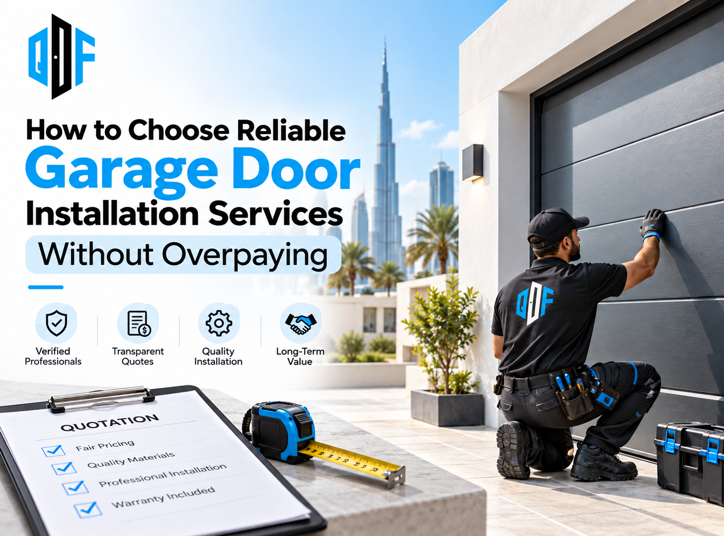 Professional garage door installation in Dubai with a technician inspecting a modern garage door for quality, safety, and affordable pricing.